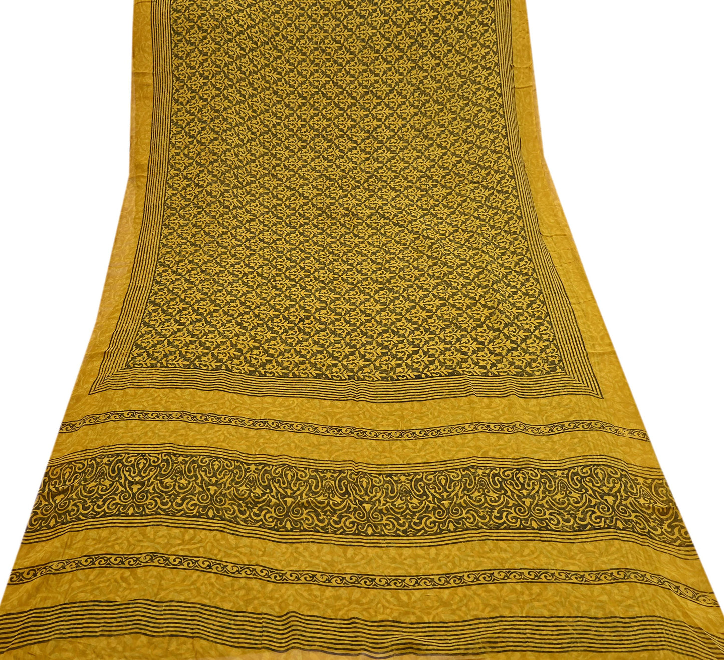 Indian Vintage Sari Yellow & Green Pure Georgette Silk Printed Saree 5Yd Craft Fabric Sewing Quilting Dress making Crafting Quilting Upcycle