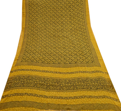 Indian Vintage Sari Yellow & Green Pure Georgette Silk Printed Saree 5Yd Craft Fabric Sewing Quilting Dress making Crafting Quilting Upcycle