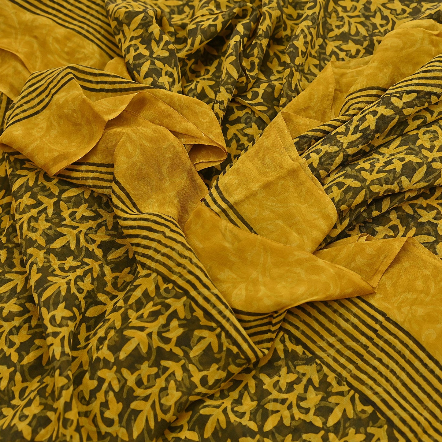 Indian Vintage Sari Yellow & Green Pure Georgette Silk Printed Saree 5Yd Craft Fabric Sewing Quilting Dress making Crafting Quilting Upcycle