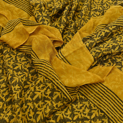 Indian Vintage Sari Yellow & Green Pure Georgette Silk Printed Saree 5Yd Craft Fabric Sewing Quilting Dress making Crafting Quilting Upcycle