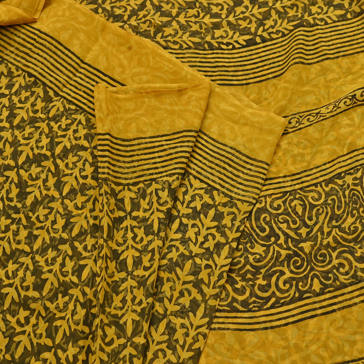 Indian Vintage Sari Yellow & Green Pure Georgette Silk Printed Saree 5Yd Craft Fabric Sewing Quilting Dress making Crafting Quilting Upcycle