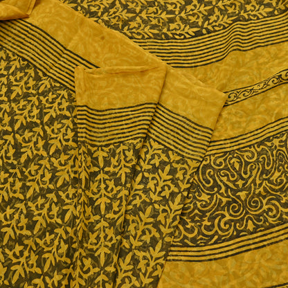 Indian Vintage Sari Yellow & Green Pure Georgette Silk Printed Saree 5Yd Craft Fabric Sewing Quilting Dress making Crafting Quilting Upcycle