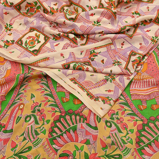 Indian Vintage Ivory Saree Printed Sari Floral Pure Silk Fabric 5Yards Soft Craft for Dressmaking, Quilting & Christmas Decor