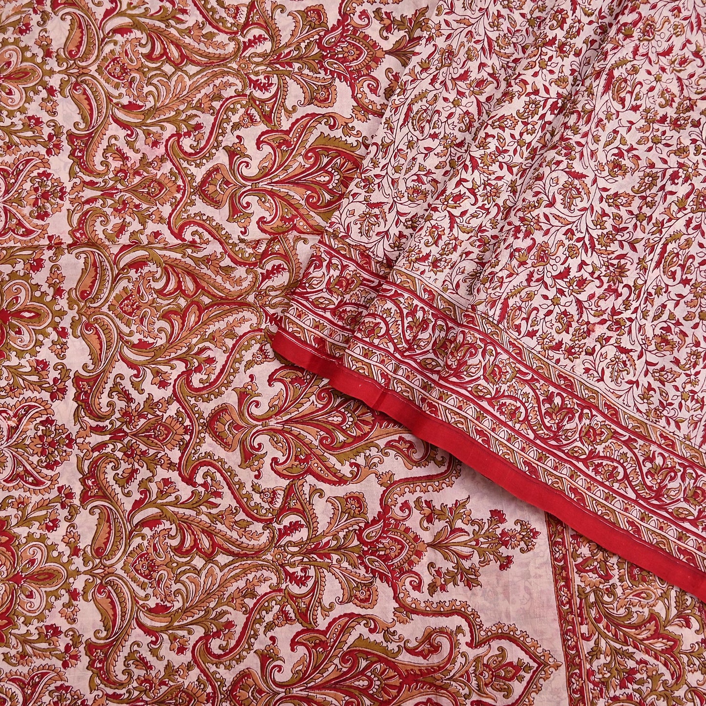 Indian Vintage Ivory & Red Saree Pure Silk Printed Sari 6yd Sewing Craft Fabric DressMaking  Soft Wrap Crafting Quilting Used Paisley