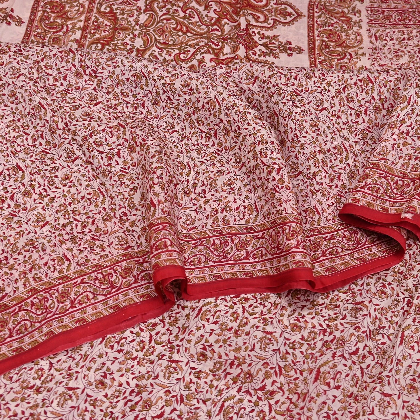 Indian Vintage Ivory & Red Saree Pure Silk Printed Sari 6yd Sewing Craft Fabric DressMaking  Soft Wrap Crafting Quilting Used Paisley