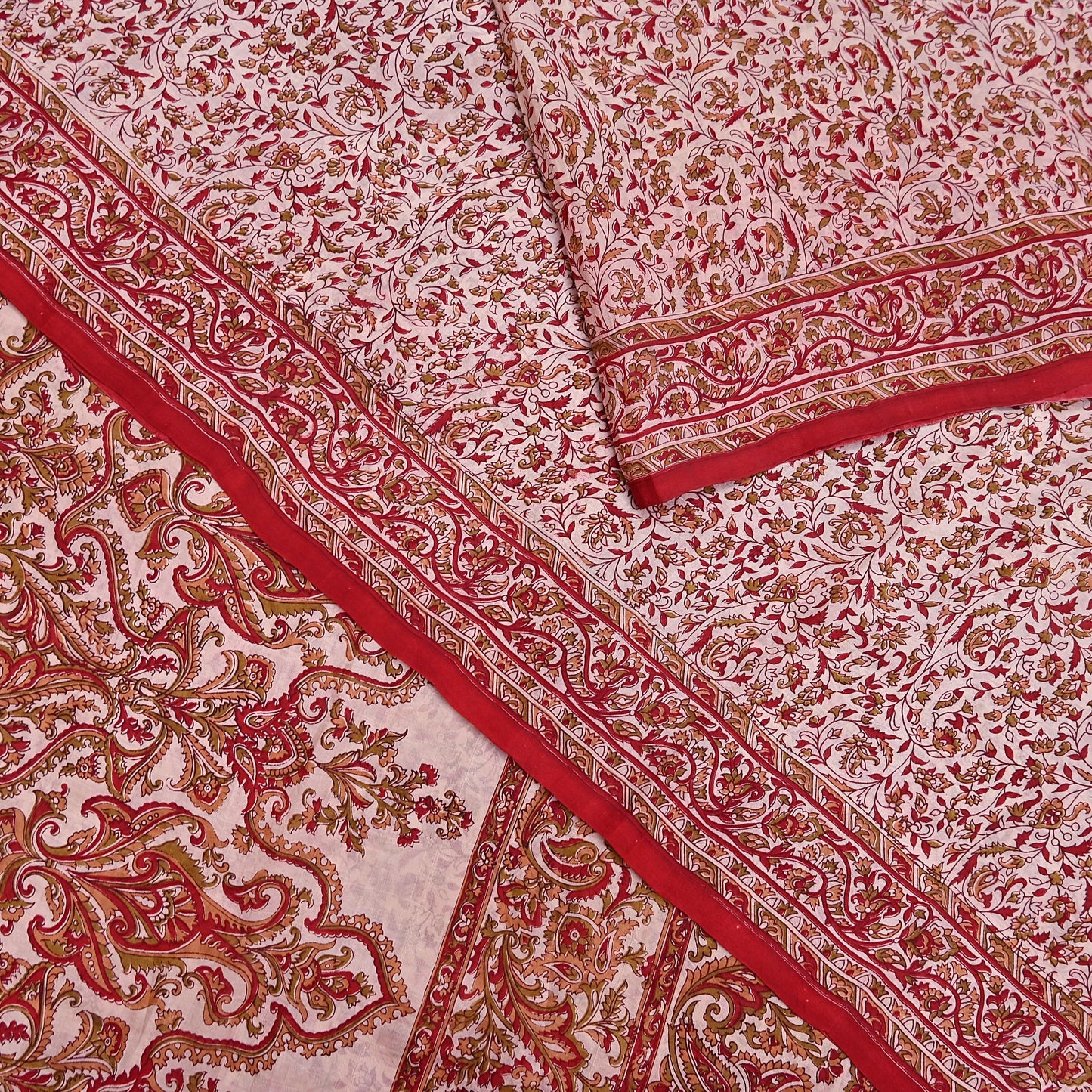 Indian Vintage Ivory & Red Saree Pure Silk Printed Sari 6yd Sewing Craft Fabric DressMaking  Soft Wrap Crafting Quilting Used Paisley