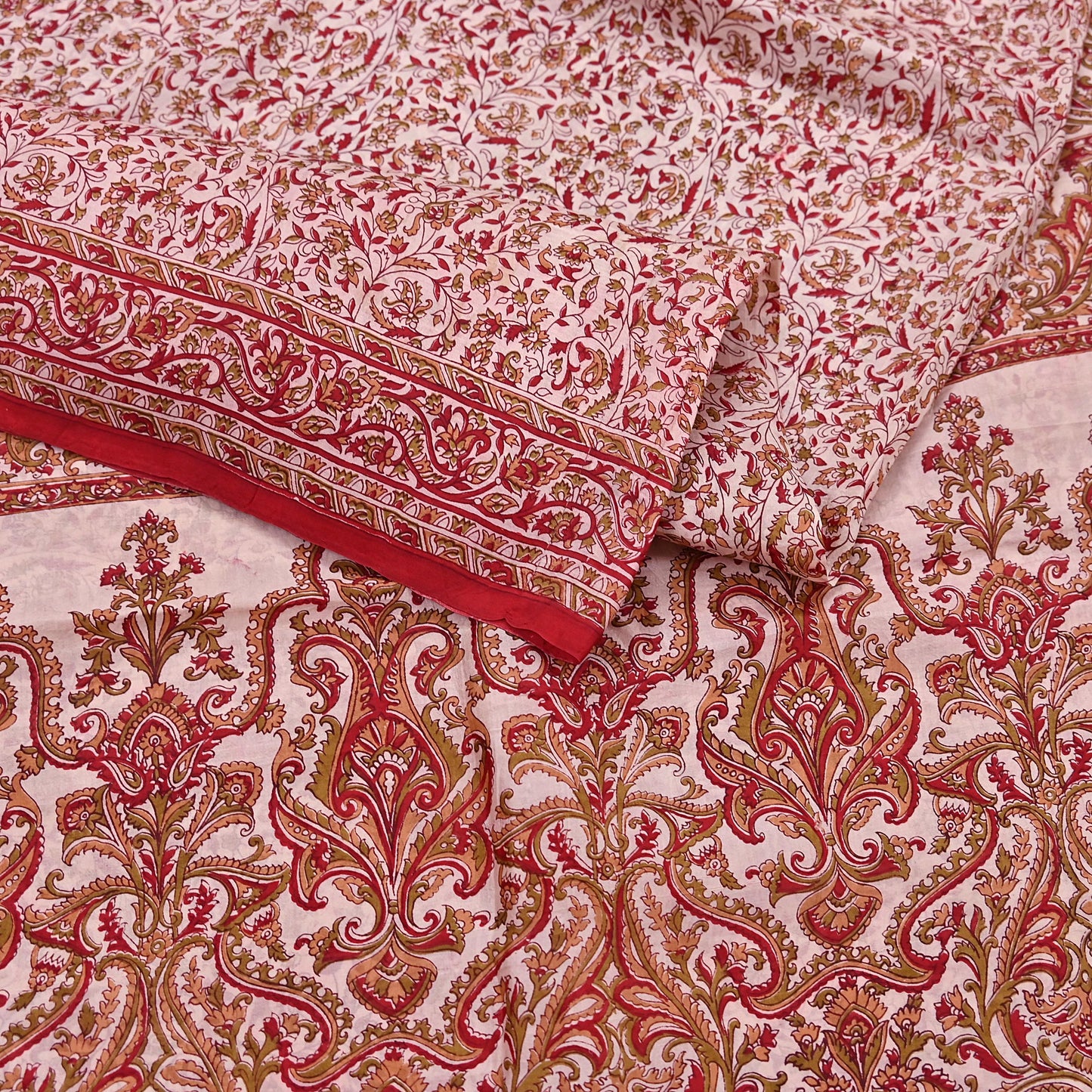 Indian Vintage Ivory & Red Saree Pure Silk Printed Sari 6yd Sewing Craft Fabric DressMaking  Soft Wrap Crafting Quilting Used Paisley