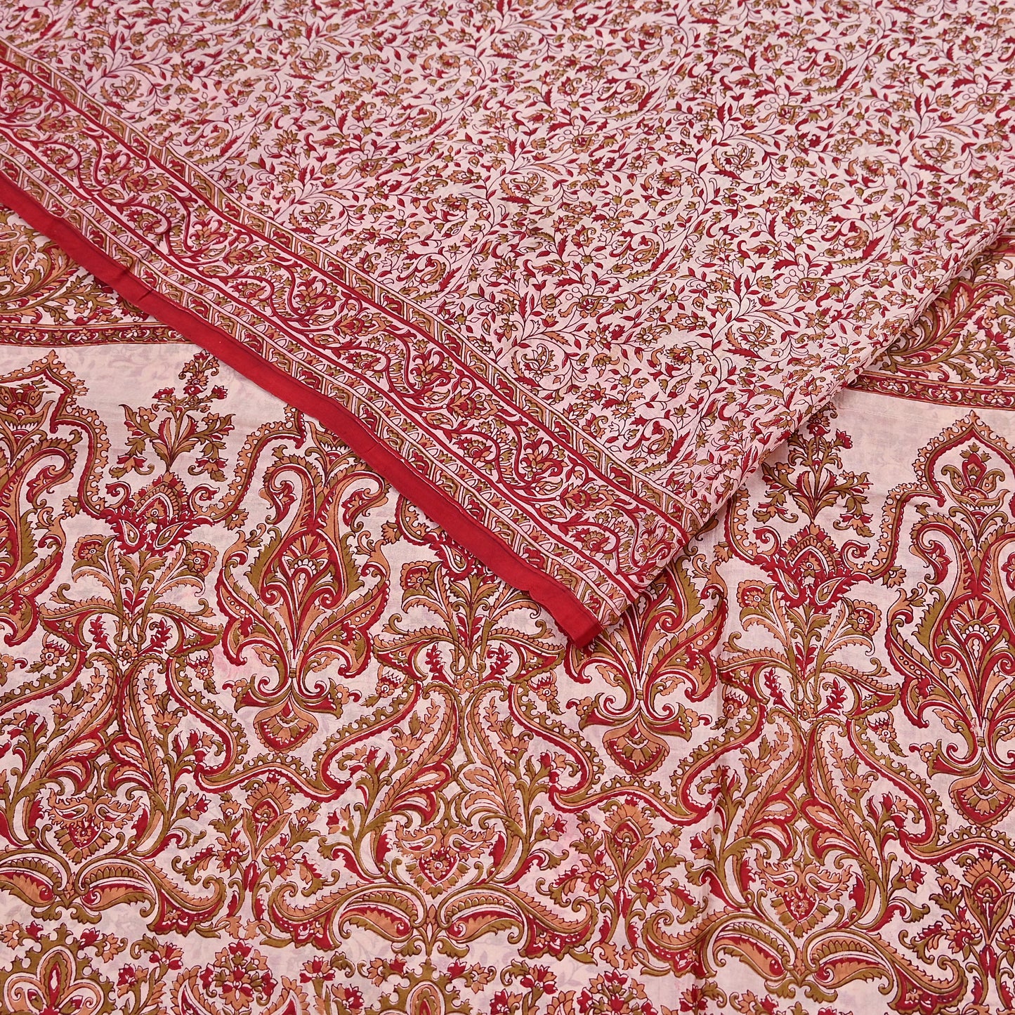 Indian Vintage Ivory & Red Saree Pure Silk Printed Sari 6yd Sewing Craft Fabric DressMaking  Soft Wrap Crafting Quilting Used Paisley