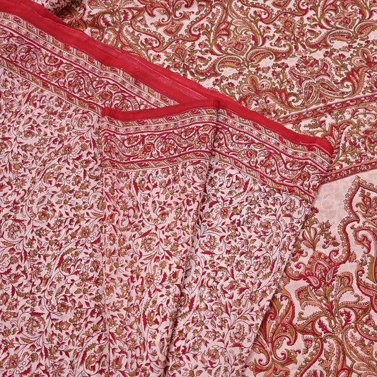 Indian Vintage Ivory & Red Saree Pure Silk Printed Sari 6yd Sewing Craft Fabric DressMaking  Soft Wrap Crafting Quilting Used Paisley
