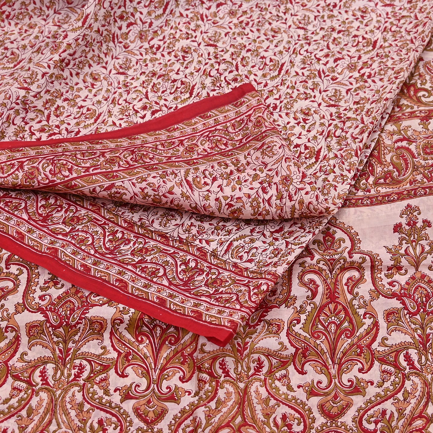 Indian Vintage Ivory & Red Saree Pure Silk Printed Sari 6yd Sewing Craft Fabric DressMaking  Soft Wrap Crafting Quilting Used Paisley