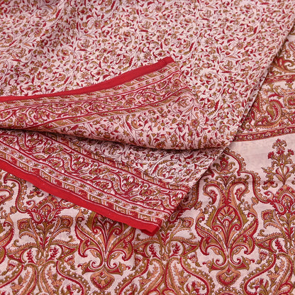 Indian Vintage Ivory & Red Saree Pure Silk Printed Sari 6yd Sewing Craft Fabric DressMaking  Soft Wrap Crafting Quilting Used Paisley