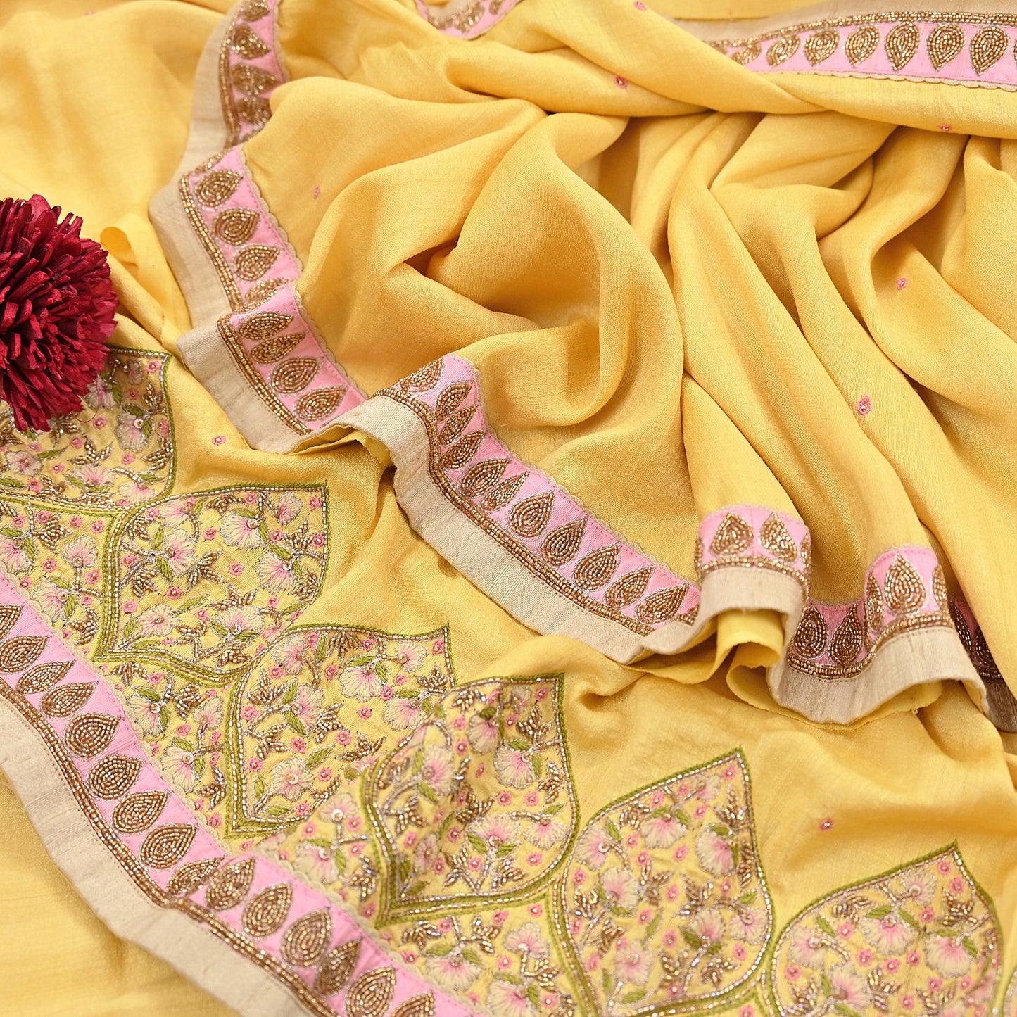 Rare Yellow Pure Silk Saree Zardozi Hand Embroidered Designer Sabyasachi Sari 6 Yard Bollywood Party Wear with Blouse Fabric