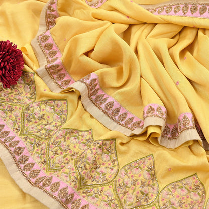 Rare Yellow Pure Silk Saree Zardozi Hand Embroidered Designer Sabyasachi Sari 6 Yard Bollywood Party Wear with Blouse Fabric