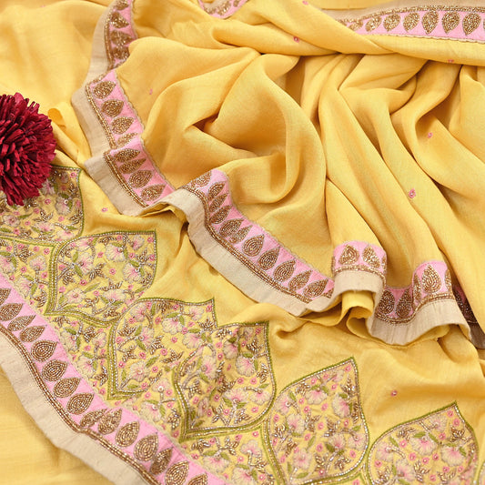 Rare Yellow Pure Silk Saree Zardozi Hand Embroidered Designer Sabyasachi Sari 6 Yard Bollywood Party Wear with Blouse Fabric