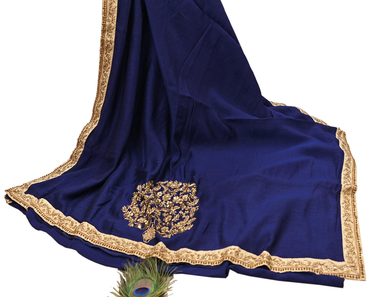 Rare Vintage Deep Blue Pure Silk Saree Zardozi Hand Embroidered Designer Sabyasachi Sari 5.5 Yard Bollywood Party Wear