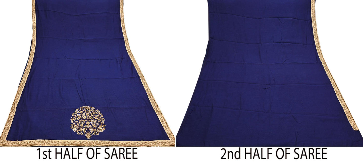 Rare Vintage Deep Blue Pure Silk Saree Zardozi Hand Embroidered Designer Sabyasachi Sari 5.5 Yard Bollywood Party Wear