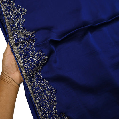 Rare Vintage Silver & Blue Pure Satin Silk Saree Hand Embroidered Fabric 5.5 Yards Sari Bollywood Party Wear Ethnic Designer Saree