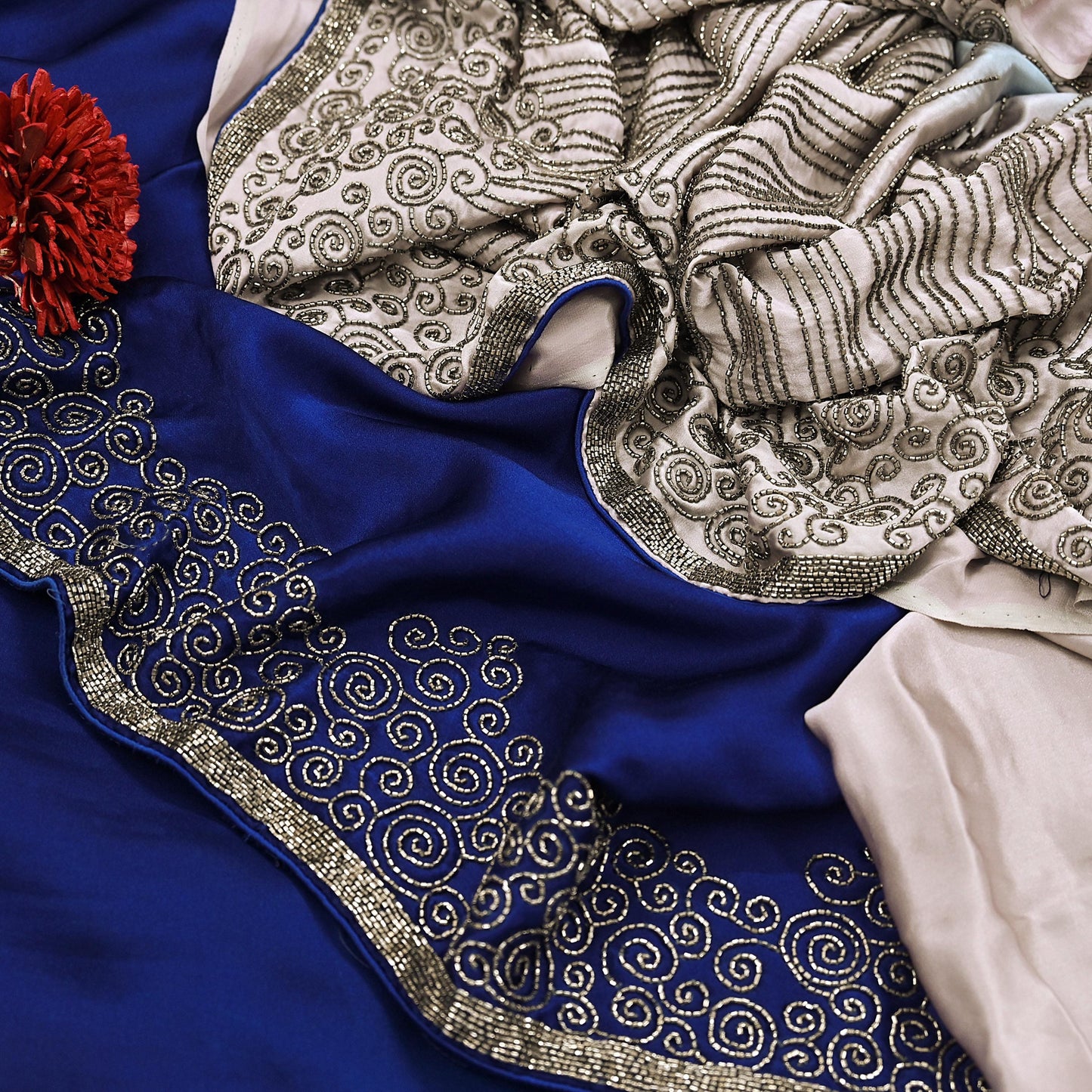 Rare Vintage Silver & Blue Pure Satin Silk Saree Hand Embroidered Fabric 5.5 Yards Sari Bollywood Party Wear Ethnic Designer Saree