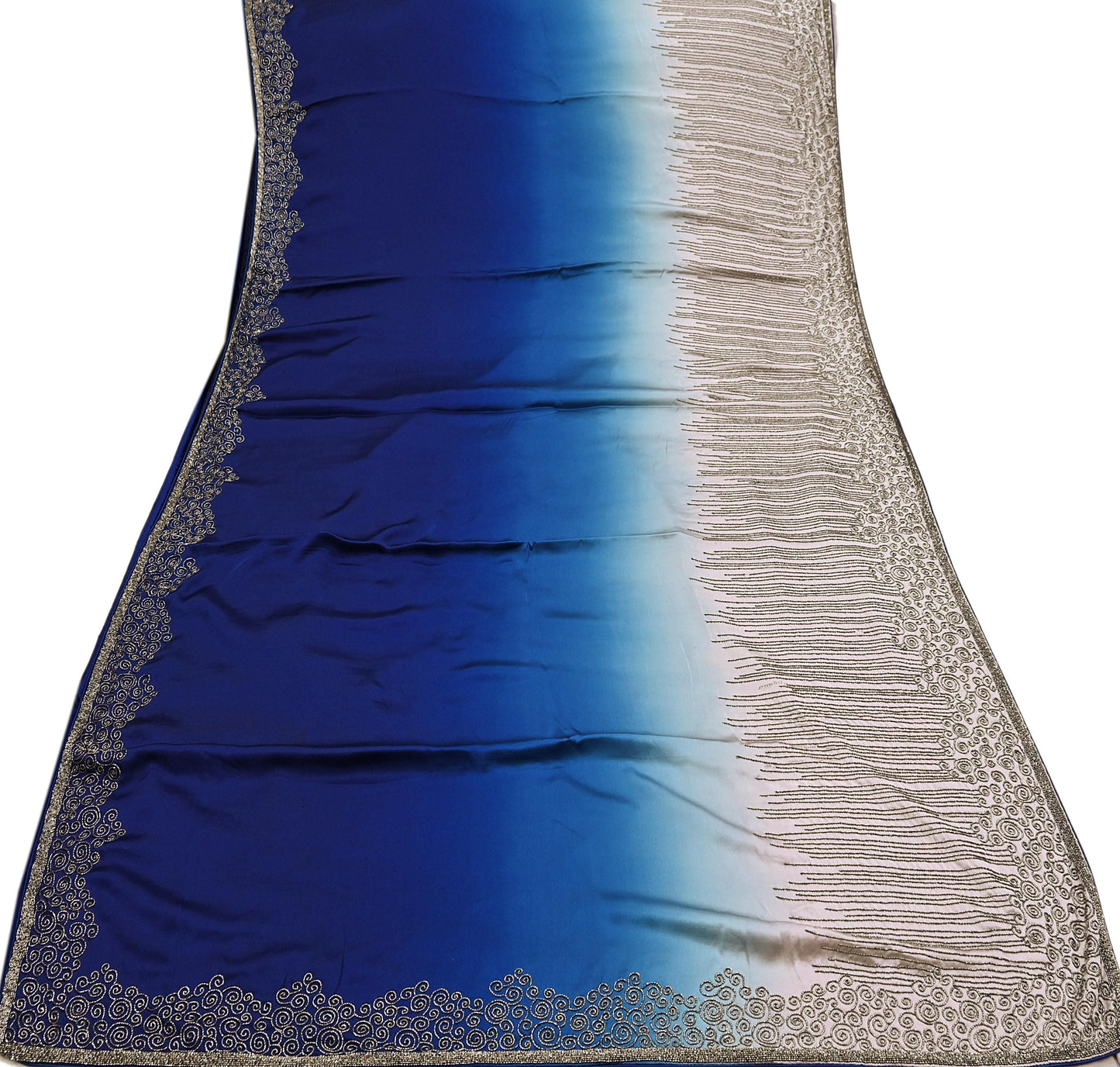 Rare Vintage Silver & Blue Pure Satin Silk Saree Hand Embroidered Fabric 5.5 Yards Sari Bollywood Party Wear Ethnic Designer Saree