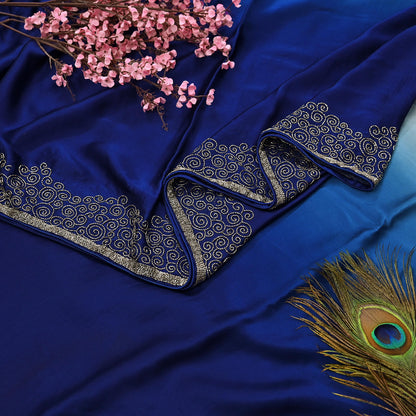 Rare Vintage Silver & Blue Pure Satin Silk Saree Hand Embroidered Fabric 5.5 Yards Sari Bollywood Party Wear Ethnic Designer Saree