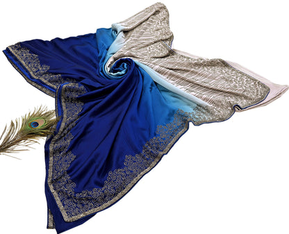 Rare Vintage Silver & Blue Pure Satin Silk Saree Hand Embroidered Fabric 5.5 Yards Sari Bollywood Party Wear Ethnic Designer Saree