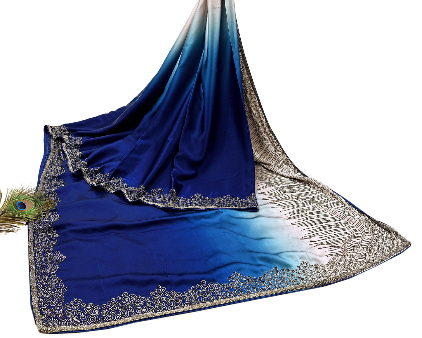 Rare Vintage Silver & Blue Pure Satin Silk Saree Hand Embroidered Fabric 5.5 Yards Sari Bollywood Party Wear Ethnic Designer Saree