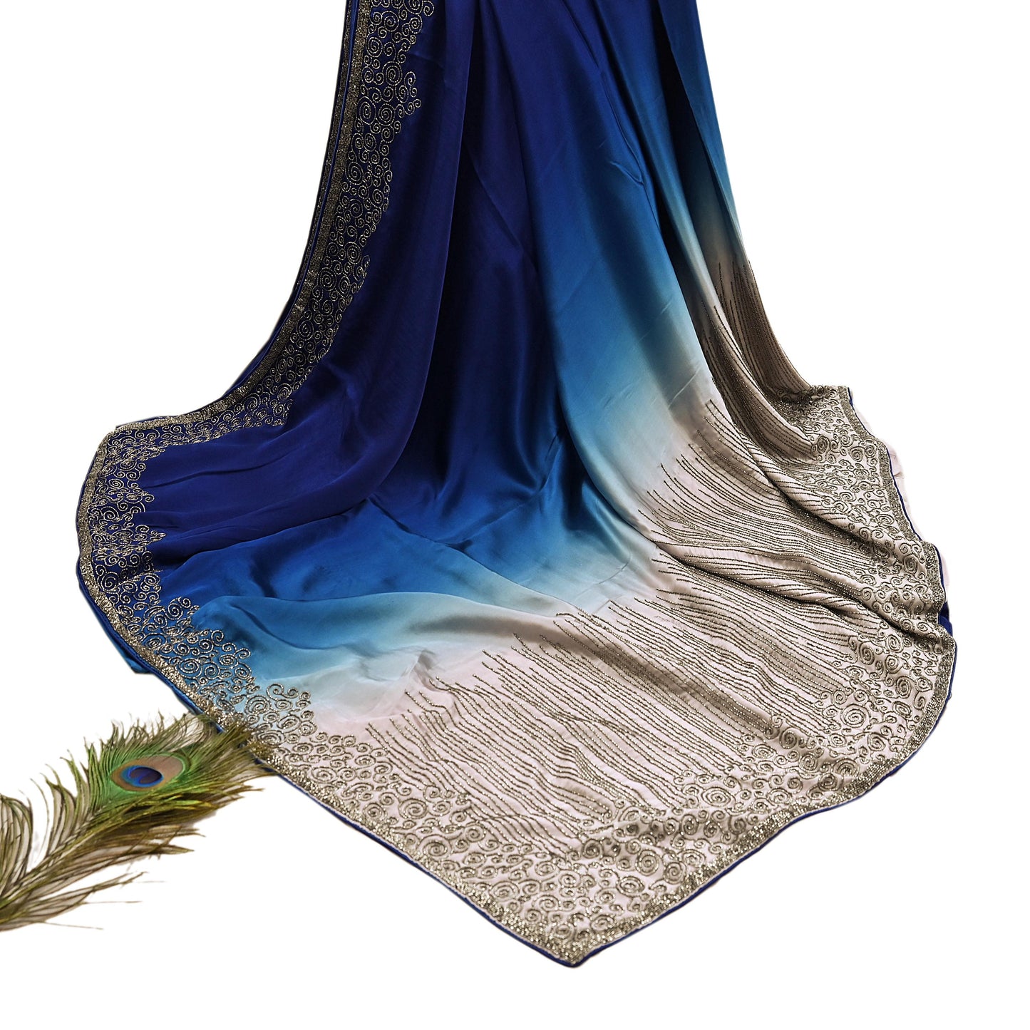 Rare Vintage Silver & Blue Pure Satin Silk Saree Hand Embroidered Fabric 5.5 Yards Sari Bollywood Party Wear Ethnic Designer Saree