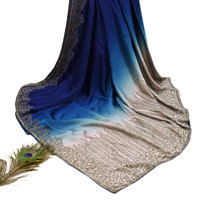 Rare Vintage Silver & Blue Pure Satin Silk Saree Hand Embroidered Fabric 5.5 Yards Sari Bollywood Party Wear Ethnic Designer Saree