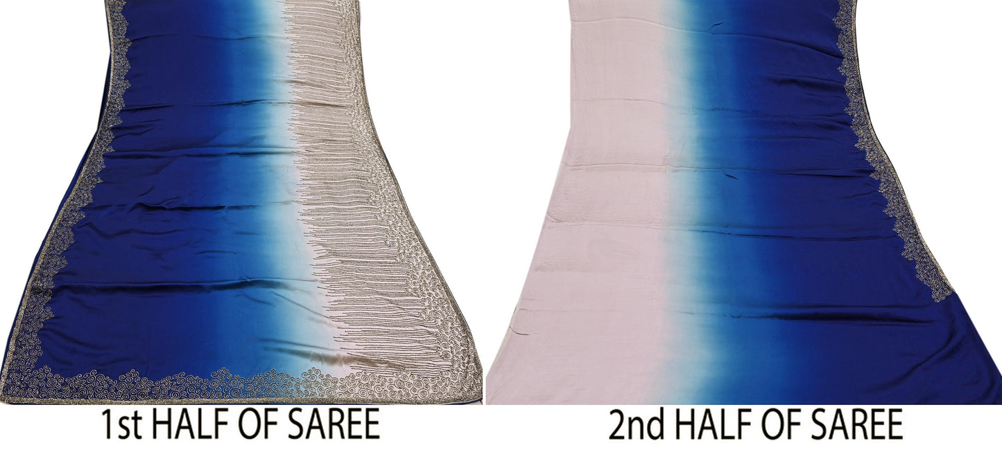 Rare Vintage Silver & Blue Pure Satin Silk Saree Hand Embroidered Fabric 5.5 Yards Sari Bollywood Party Wear Ethnic Designer Saree