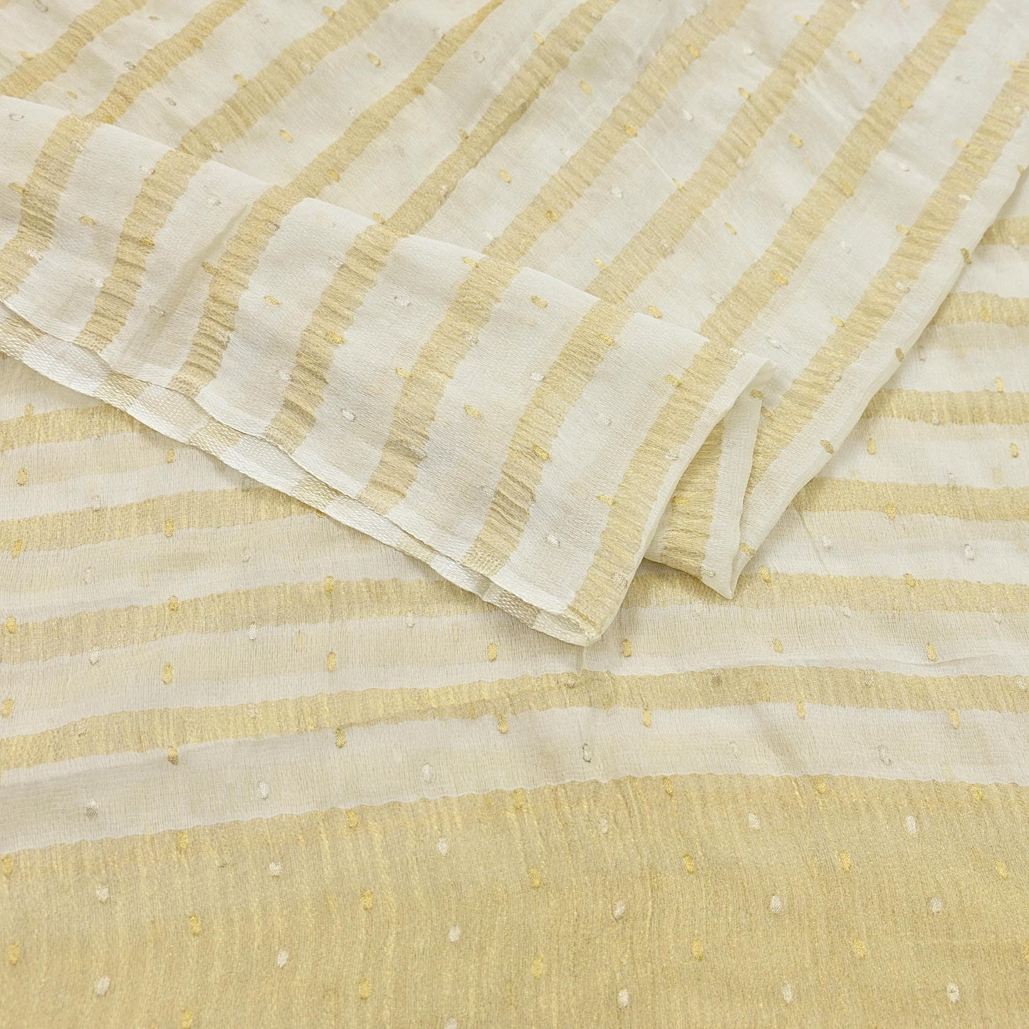 Indian Vintage Dupatta Ivory Pure Organza Silk Long Stole Woven Scarves Veil Zari Soft Stripes Design
