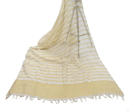 Indian Vintage Dupatta Ivory Pure Organza Silk Long Stole Woven Scarves Veil Zari Soft Stripes Design