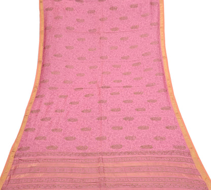 Indian Vintage Dupatta Pink Long Stole Woven Block Painted Pure Chanderi Silk Scarves Veil Golden Zari Floral Design For her