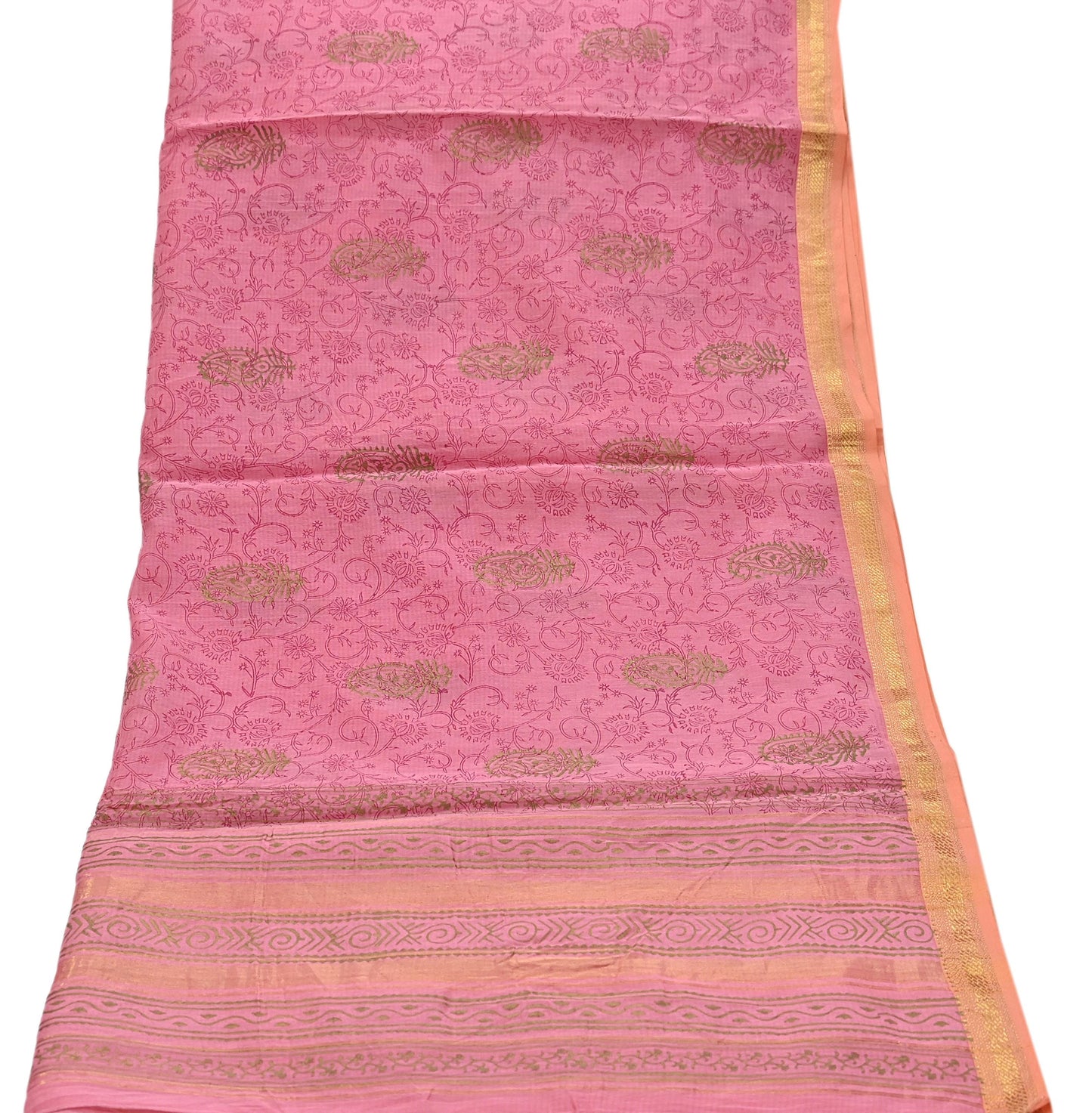 Indian Vintage Dupatta Pink Long Stole Woven Block Painted Pure Chanderi Silk Scarves Veil Golden Zari Floral Design For her