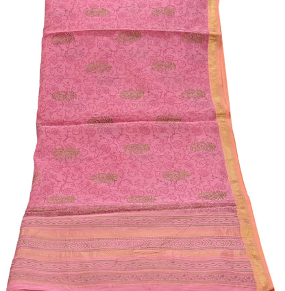 Indian Vintage Dupatta Pink Long Stole Woven Block Painted Pure Chanderi Silk Scarves Veil Golden Zari Floral Design For her