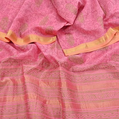 Indian Vintage Dupatta Pink Long Stole Woven Block Painted Pure Chanderi Silk Scarves Veil Golden Zari Floral Design For her