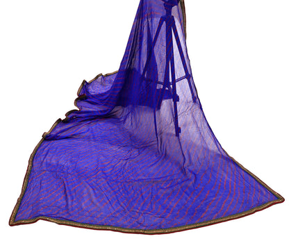 Indian Vintage Blue Dupatta Pure Georgette Silk Embroidered Bandhani Veil Scarves Soft Zari Border