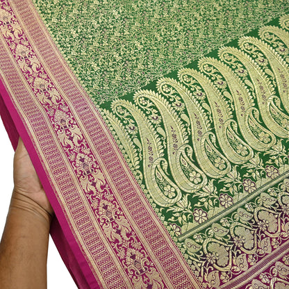 Vintage Banarasi Silk Saree Green & Purple Heavy Satin Silk Brocade Fabric Golden Zari Bridal Wedding Crafting 5Yard