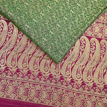 Vintage Banarasi Silk Saree Green & Purple Heavy Satin Silk Brocade Fabric Golden Zari Bridal Wedding Crafting 5Yard