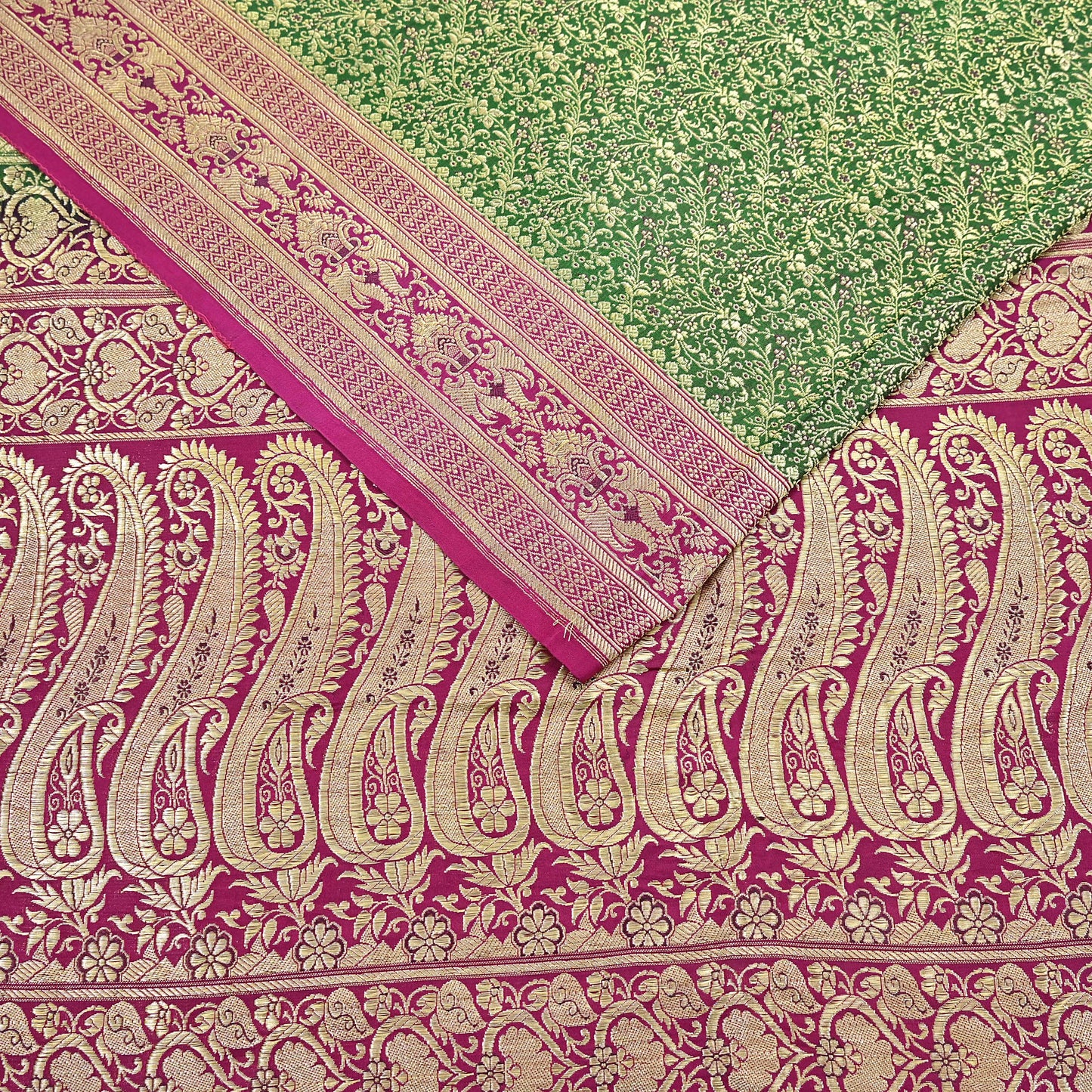 Vintage Banarasi Silk Saree Green & Purple Heavy Satin Silk Brocade Fabric Golden Zari Bridal Wedding Crafting 5Yard