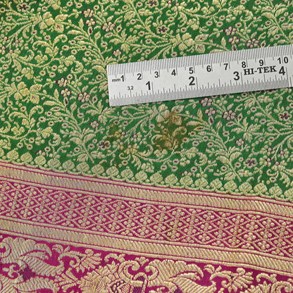 Vintage Banarasi Silk Saree Green & Purple Heavy Satin Silk Brocade Fabric Golden Zari Bridal Wedding Crafting 5Yard