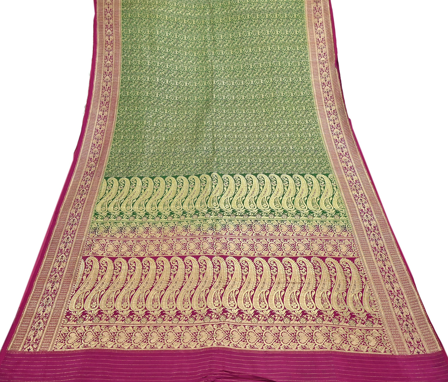 Vintage Banarasi Silk Saree Green & Purple Heavy Satin Silk Brocade Fabric Golden Zari Bridal Wedding Crafting 5Yard