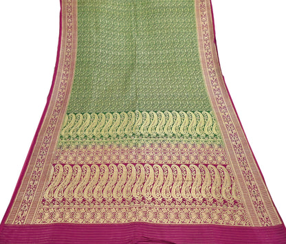 Vintage Banarasi Silk Saree Green & Purple Heavy Satin Silk Brocade Fabric Golden Zari Bridal Wedding Crafting 5Yard