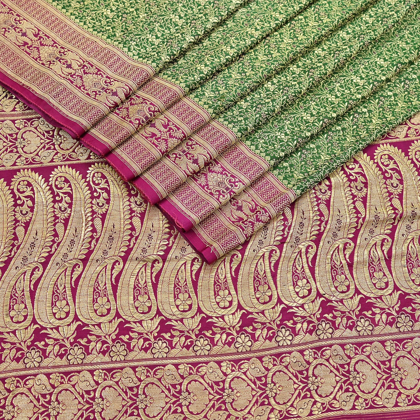 Vintage Banarasi Silk Saree Green & Purple Heavy Satin Silk Brocade Fabric Golden Zari Bridal Wedding Crafting 5Yard