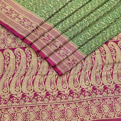 Vintage Banarasi Silk Saree Green & Purple Heavy Satin Silk Brocade Fabric Golden Zari Bridal Wedding Crafting 5Yard