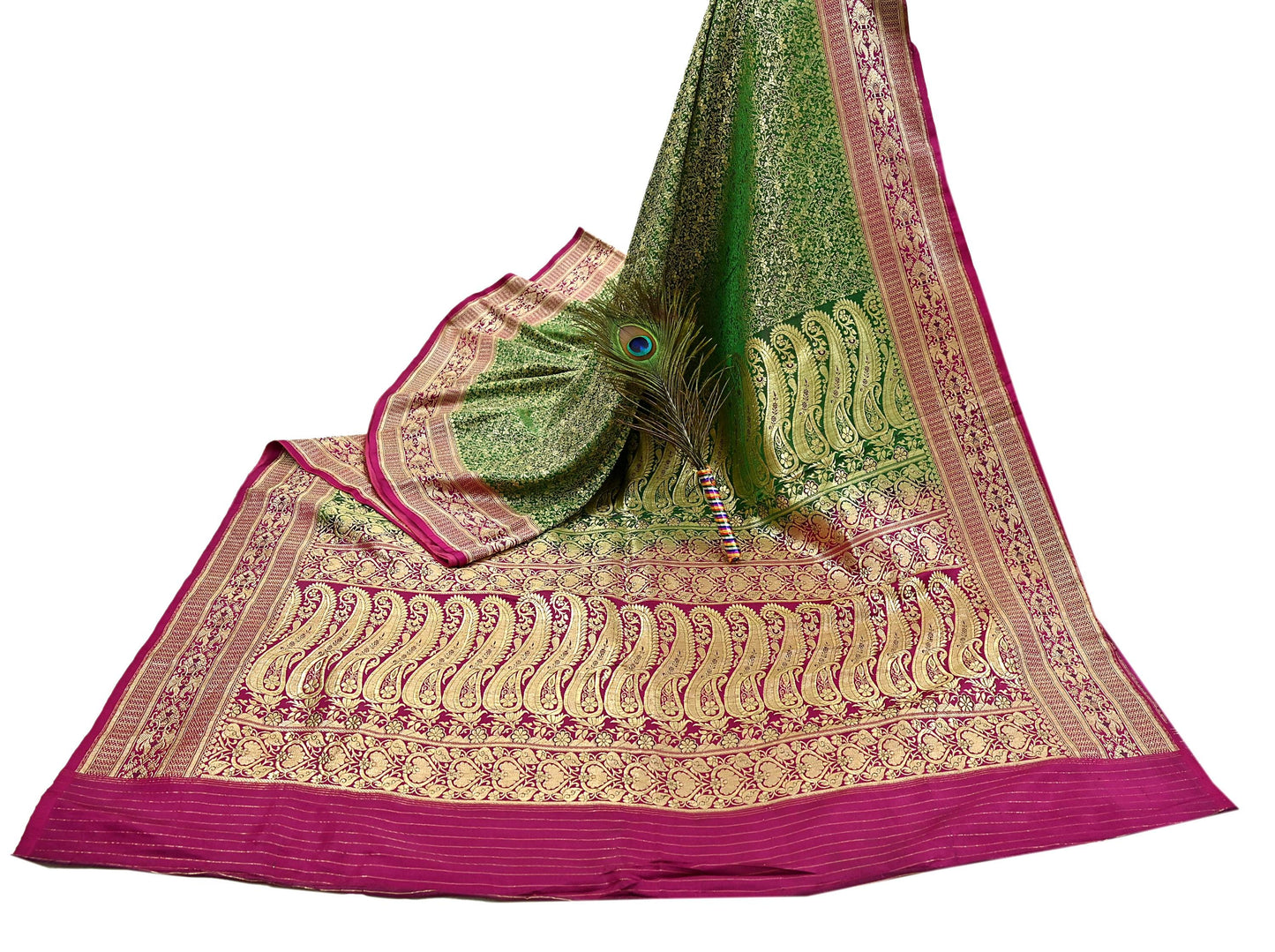 Vintage Banarasi Silk Saree Green & Purple Heavy Satin Silk Brocade Fabric Golden Zari Bridal Wedding Crafting 5Yard