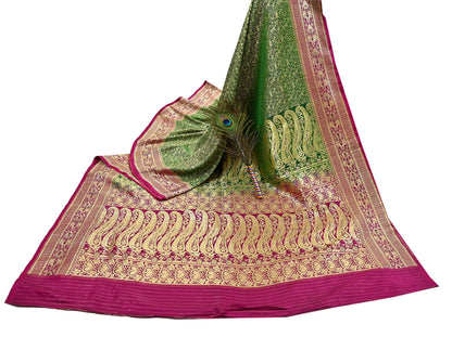 Vintage Banarasi Silk Saree Green & Purple Heavy Satin Silk Brocade Fabric Golden Zari Bridal Wedding Crafting 5Yard