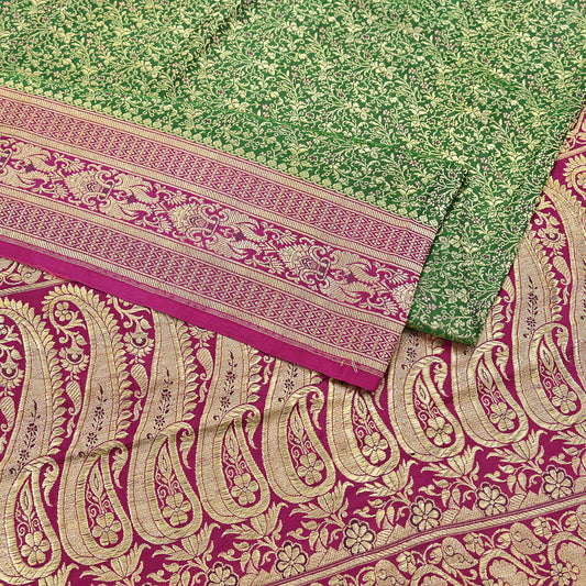 Vintage Banarasi Silk Saree Green & Purple Heavy Satin Silk Brocade Fabric Golden Zari Bridal Wedding Crafting 5Yard