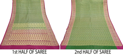 Vintage Banarasi Silk Saree Green & Purple Heavy Satin Silk Brocade Fabric Golden Zari Bridal Wedding Crafting 5Yard