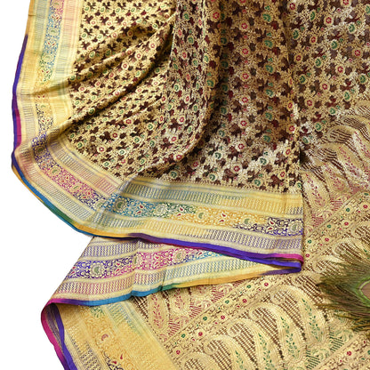 Indian Vintage Sari Heavy Brown Pure Organza Silk Woven Brocade Banarasi Sarees Zari 5Yd Ethnic Fabric Dress Making Wedding Sarees