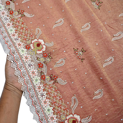 Indian Vintage Heavy Dupatta Golden Peach Pure Georgette Silk Long Stole Hand Embroidered Scarf Zardozi/Dabka Zari Wedding/Party Dupatta